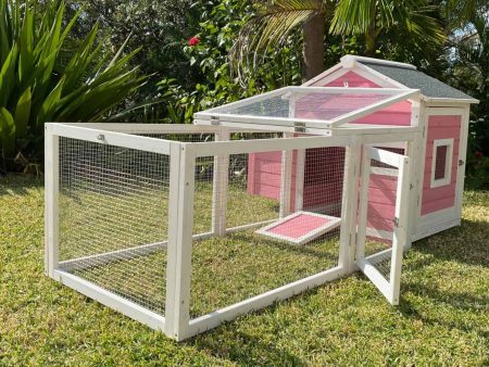 Coops and Cages Pink Cottage Chicken Coop Run doors open