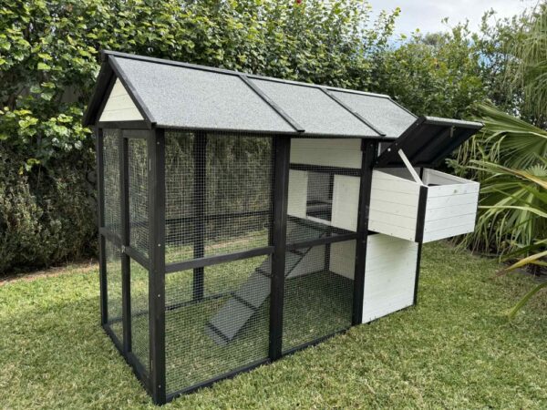 White Connie Chicken Coop - Nesting box open